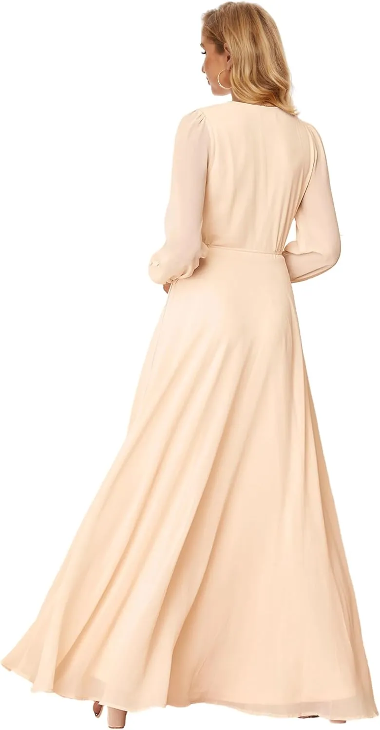 Women's Chiffon Bridesmaid Dresses with Sleeves High Split Wedding Party Dress V Neck Long Formal Gown