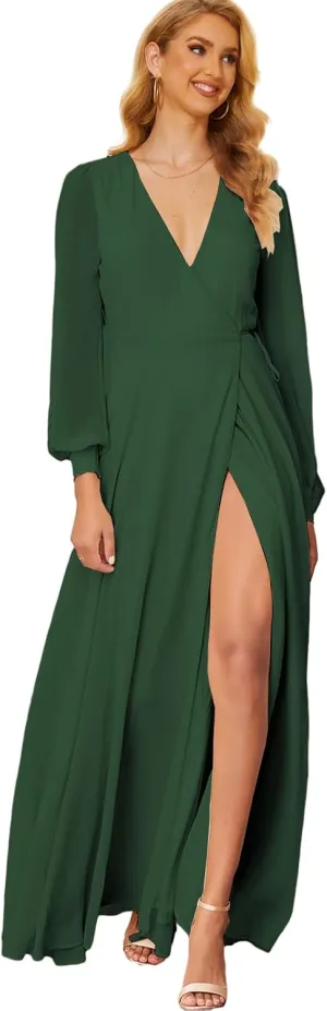 Women's Chiffon Bridesmaid Dresses with Sleeves High Split Wedding Party Dress V Neck Long Formal Gown