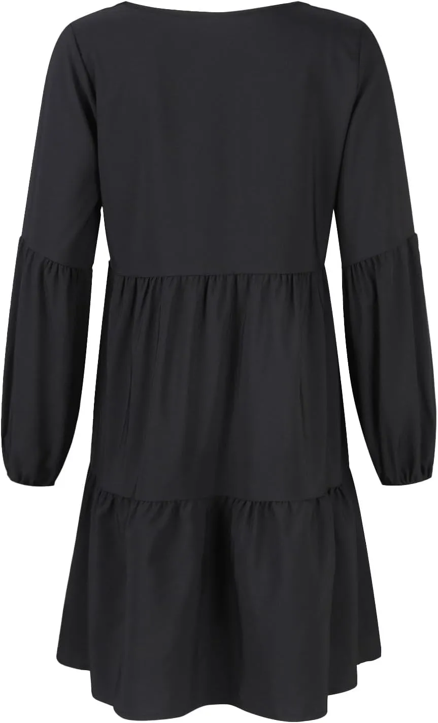 Women's Chiffon Funny Work Dresses for Women 2024 V Neck Summer Dresses Ruffle Pleated Long Sleeve Black Summer Dress