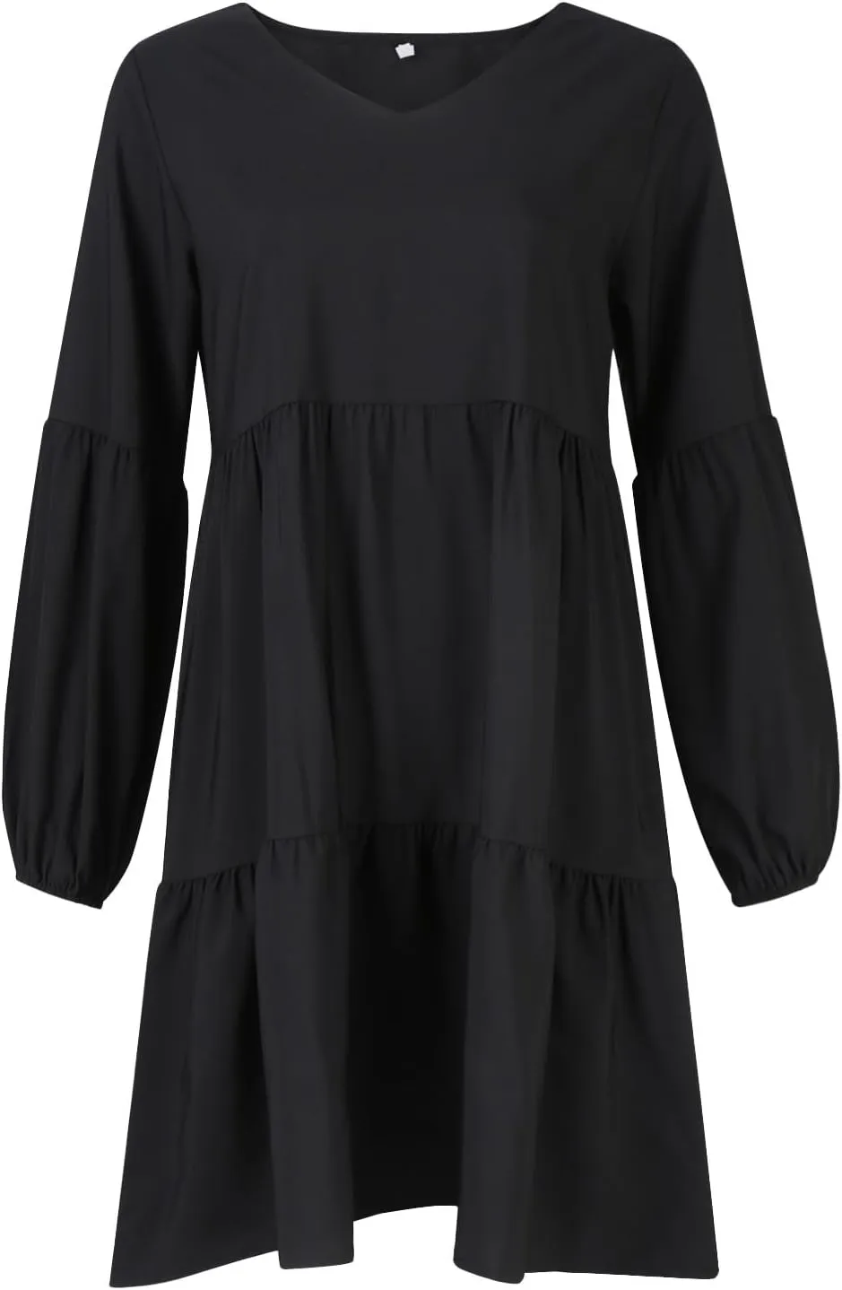 Women's Chiffon Funny Work Dresses for Women 2024 V Neck Summer Dresses Ruffle Pleated Long Sleeve Black Summer Dress