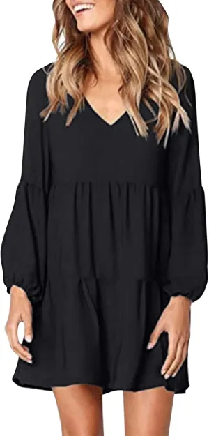 Women's Chiffon Funny Work Dresses for Women 2024 V Neck Summer Dresses Ruffle Pleated Long Sleeve Black Summer Dress