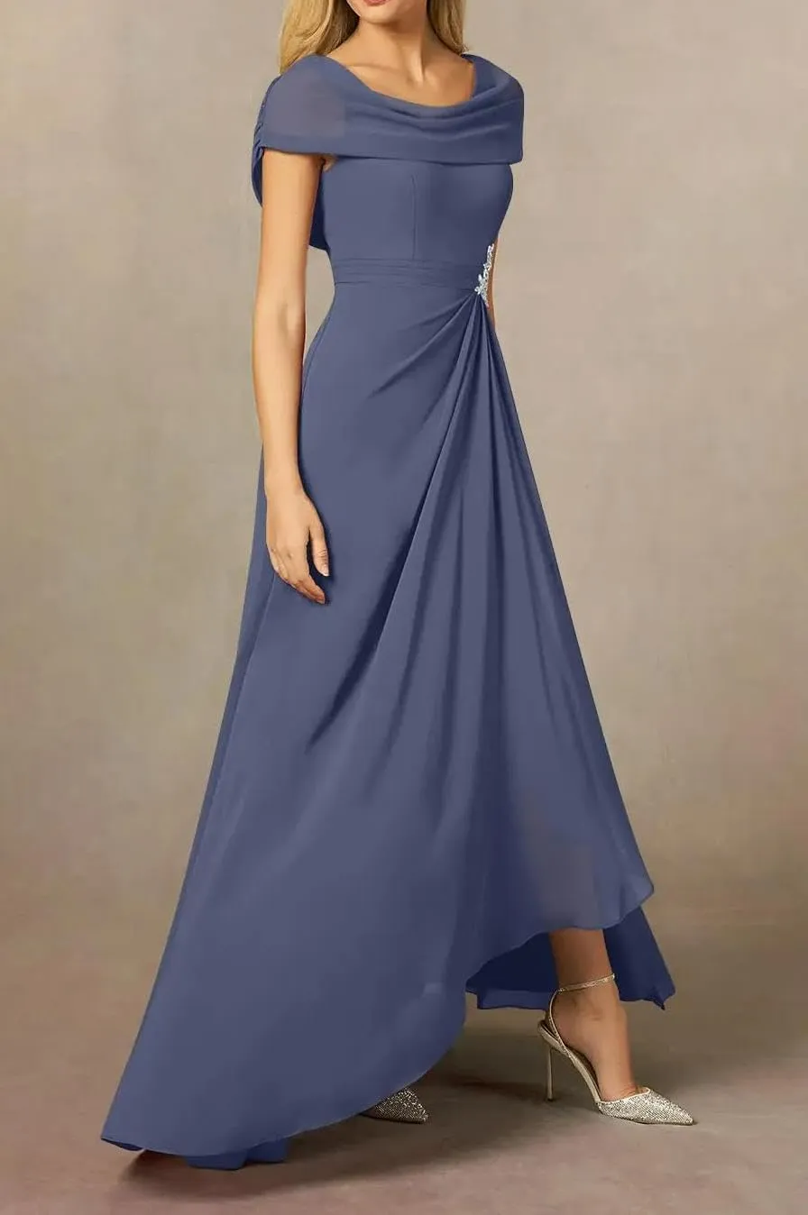 Women's Chiffon Mother of The Bride Dress with Slit Beaded Ruffle Long Formal Evening Gown