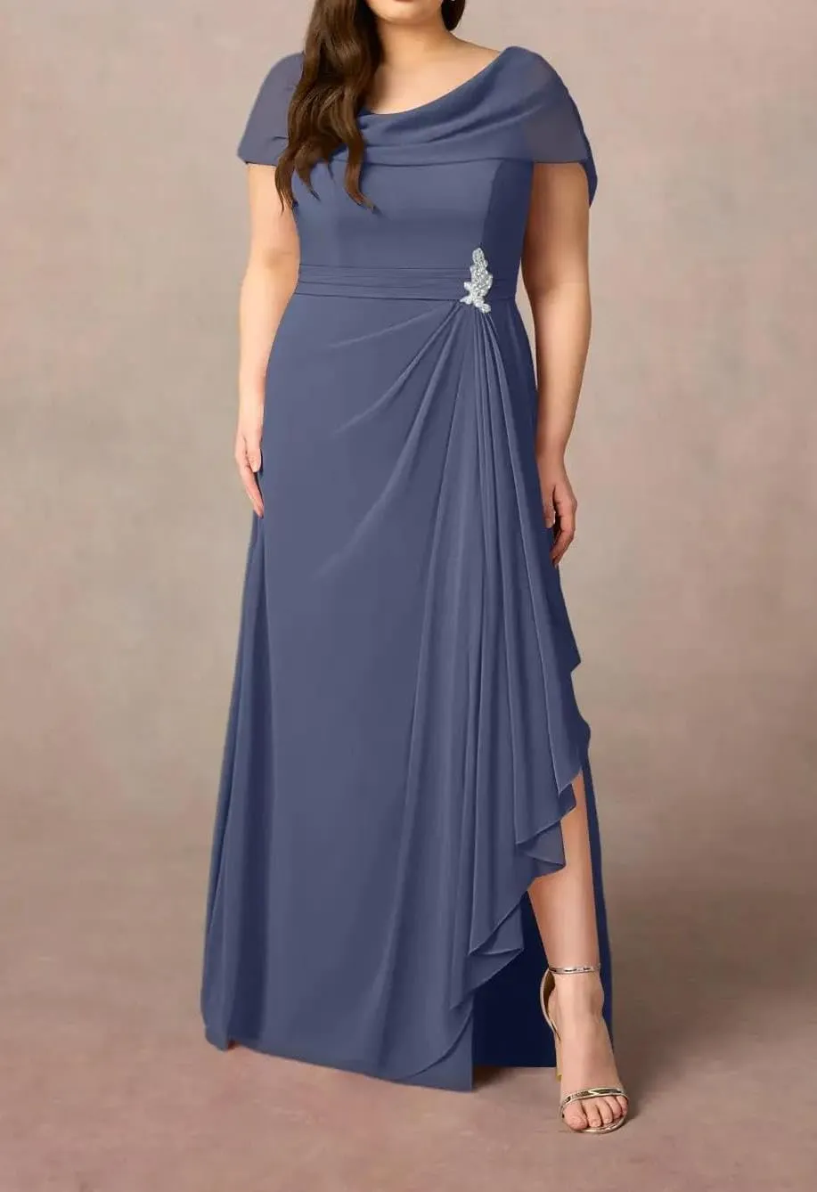 Women's Chiffon Mother of The Bride Dress with Slit Beaded Ruffle Long Formal Evening Gown