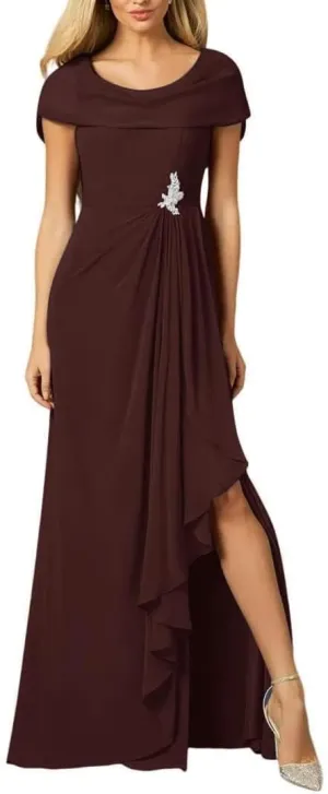 Women's Chiffon Mother of The Bride Dress with Slit Beaded Ruffle Long Formal Evening Gown