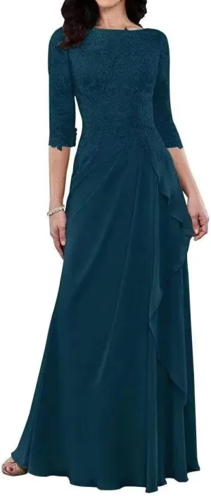 Women's Chiffon Mother of The Bride Dresses with 3/4 Sleeve for Wedding Lace Applique Formal Evening Gowns PG011