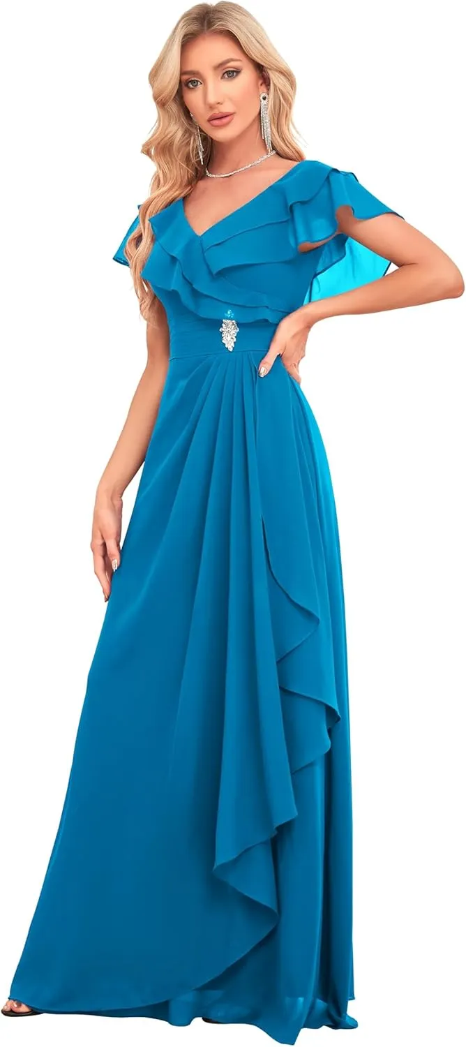 Women's Chiffon V-Neck Bridesmaid Dresses Long for Wedding Beaded Ruffles Formal Evening Gown