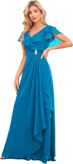 Women's Chiffon V-Neck Bridesmaid Dresses Long for Wedding Beaded Ruffles Formal Evening Gown