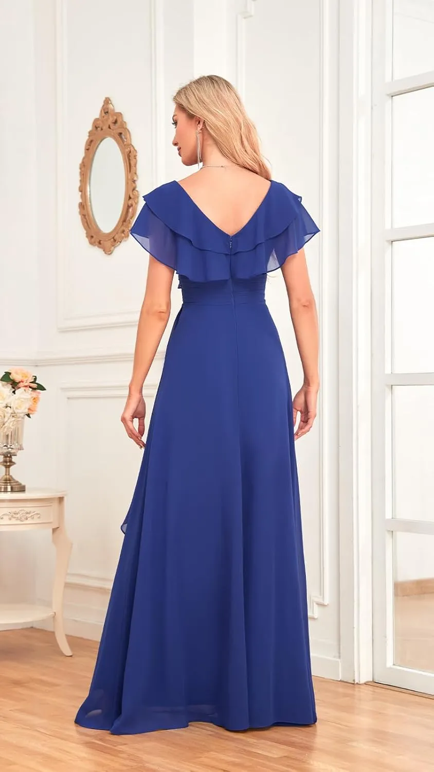 Women's Chiffon V-Neck Bridesmaid Dresses Long for Wedding Beaded Ruffles Formal Evening Gown