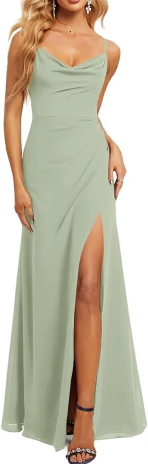 Women's Cowl Neck Wedding Bridesmaid Dress for Juniors Floor-Length Chiffon Formal Evening Maxi Gown