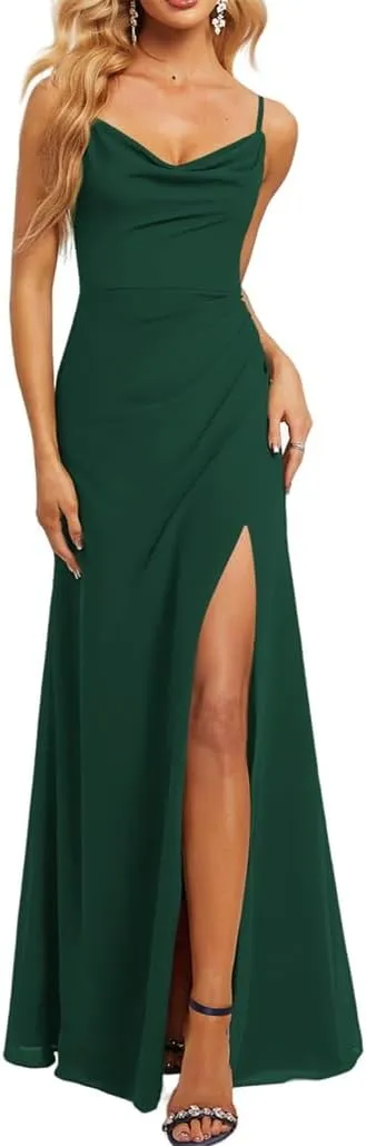 Women's Cowl Neck Wedding Bridesmaid Dress for Juniors Floor-Length Chiffon Formal Evening Maxi Gown