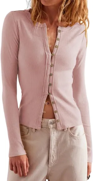 Women's Crewneck Slim Fitted Cardigan Ribbed Knit Button Down Shirt Long Sleeve Fall Blouse