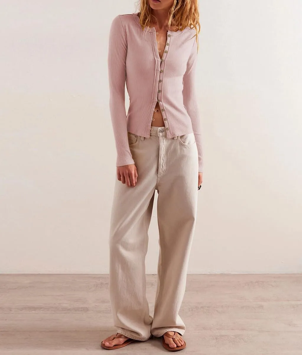 Women's Crewneck Slim Fitted Cardigan Ribbed Knit Button Down Shirt Long Sleeve Fall Blouse