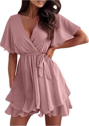 Women's Dress Deep V-Neck Short Sleeve Waist Tie Ruffle Mini Swing Skater Dresses Smocked Tiered Belted Ruffle Hem Mini Dress