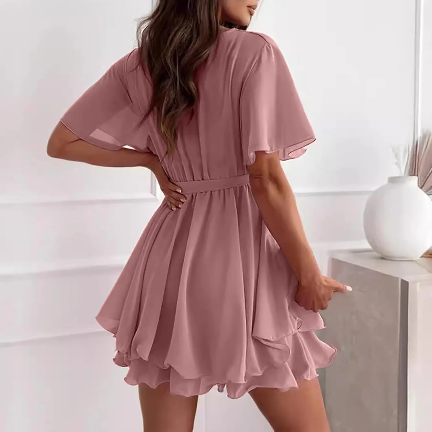 Women's Dress Deep V-Neck Short Sleeve Waist Tie Ruffle Mini Swing Skater Dresses Smocked Tiered Belted Ruffle Hem Mini Dress