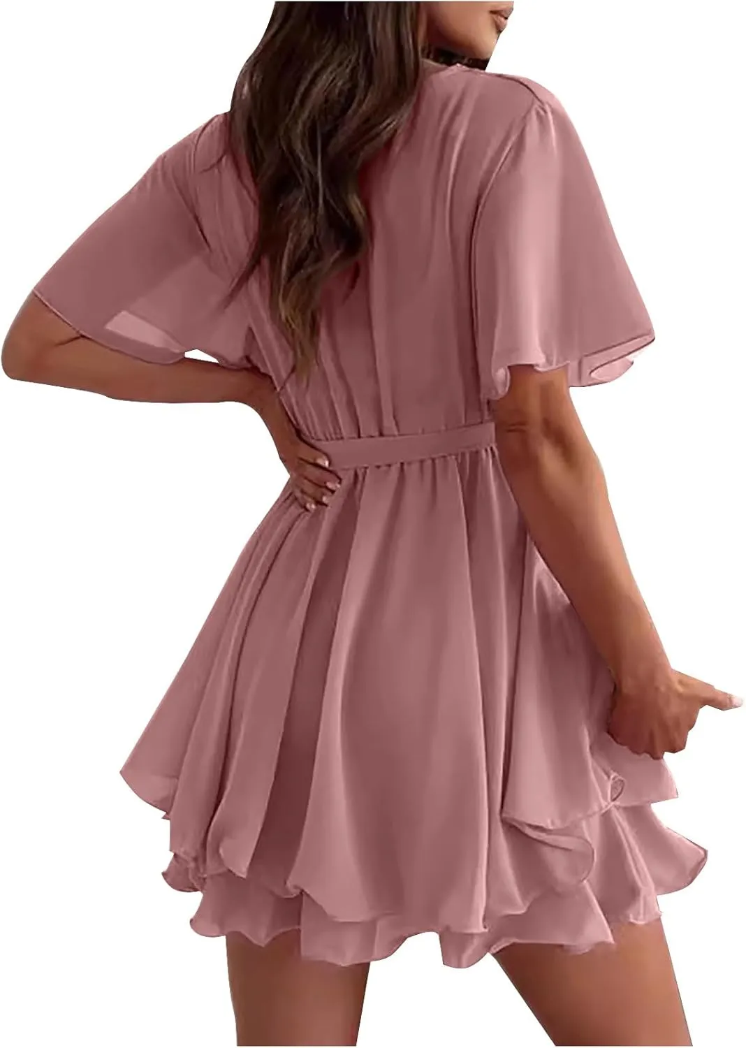 Women's Dress Deep V-Neck Short Sleeve Waist Tie Ruffle Mini Swing Skater Dresses Smocked Tiered Belted Ruffle Hem Mini Dress
