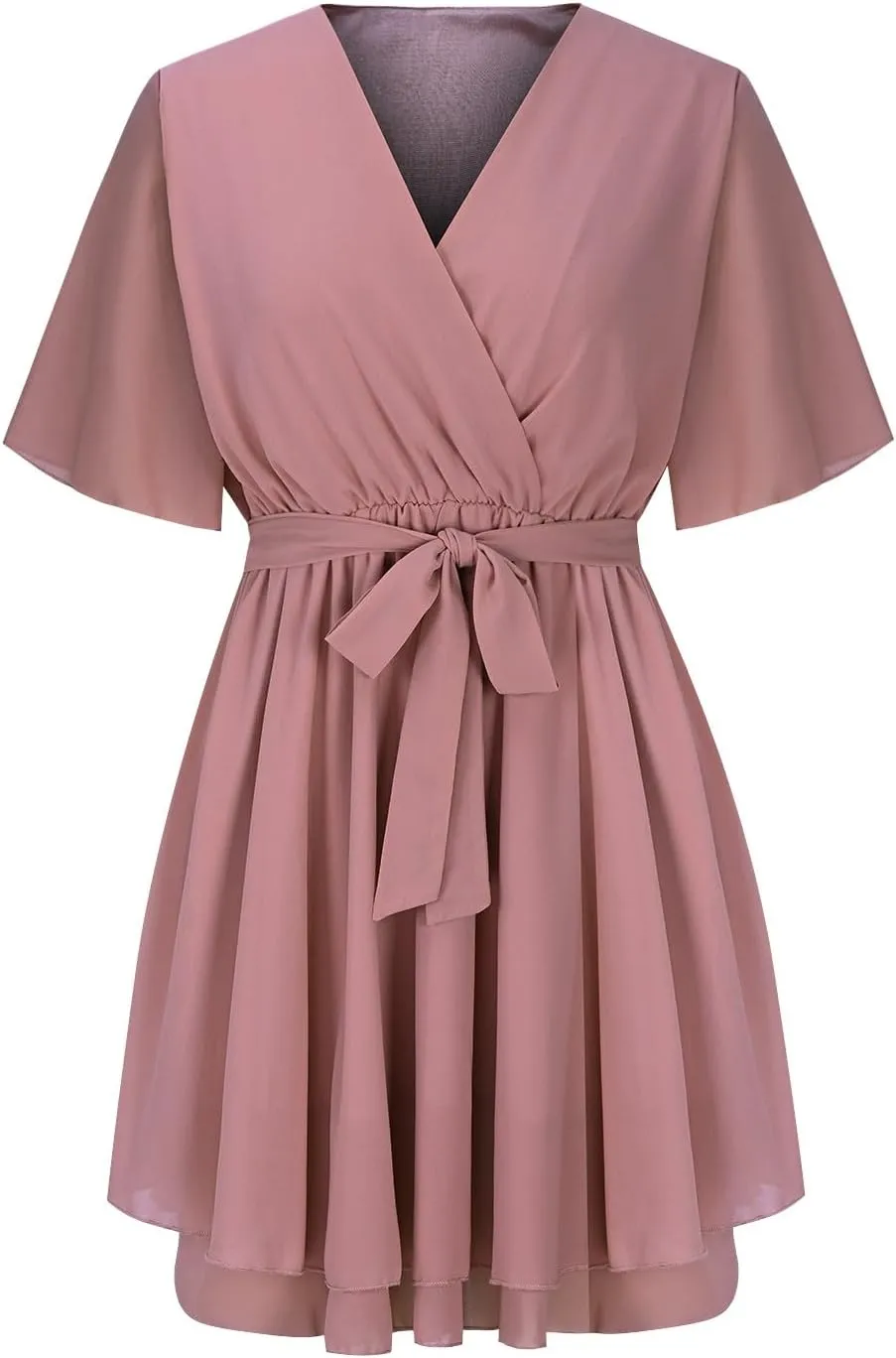 Women's Dress Deep V-Neck Short Sleeve Waist Tie Ruffle Mini Swing Skater Dresses Smocked Tiered Belted Ruffle Hem Mini Dress
