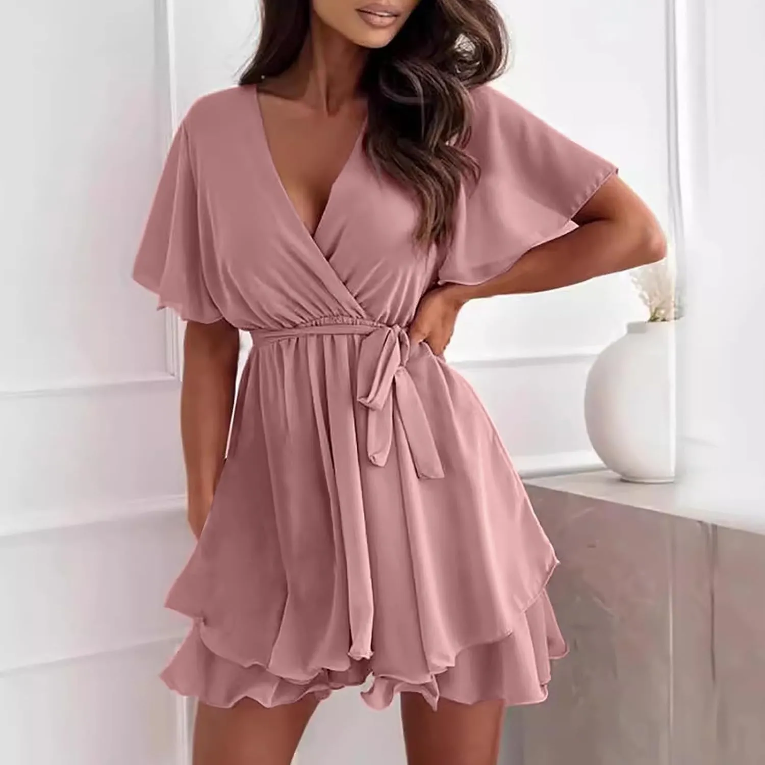 Women's Dress Deep V-Neck Short Sleeve Waist Tie Ruffle Mini Swing Skater Dresses Smocked Tiered Belted Ruffle Hem Mini Dress