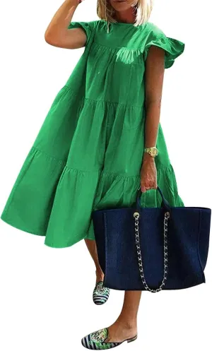 Women's Dress Ruffled Sleeve Graduation Dresses Solid Color Round Neck Short Summer Dress Vacation, S-5XL