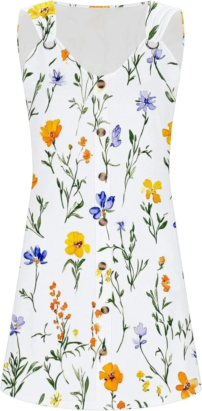 Womens Dresses Summer Sleeveless Floral Mini Dress Ruffle Hem V Neck Dress Holiday Party Dresses for Women
