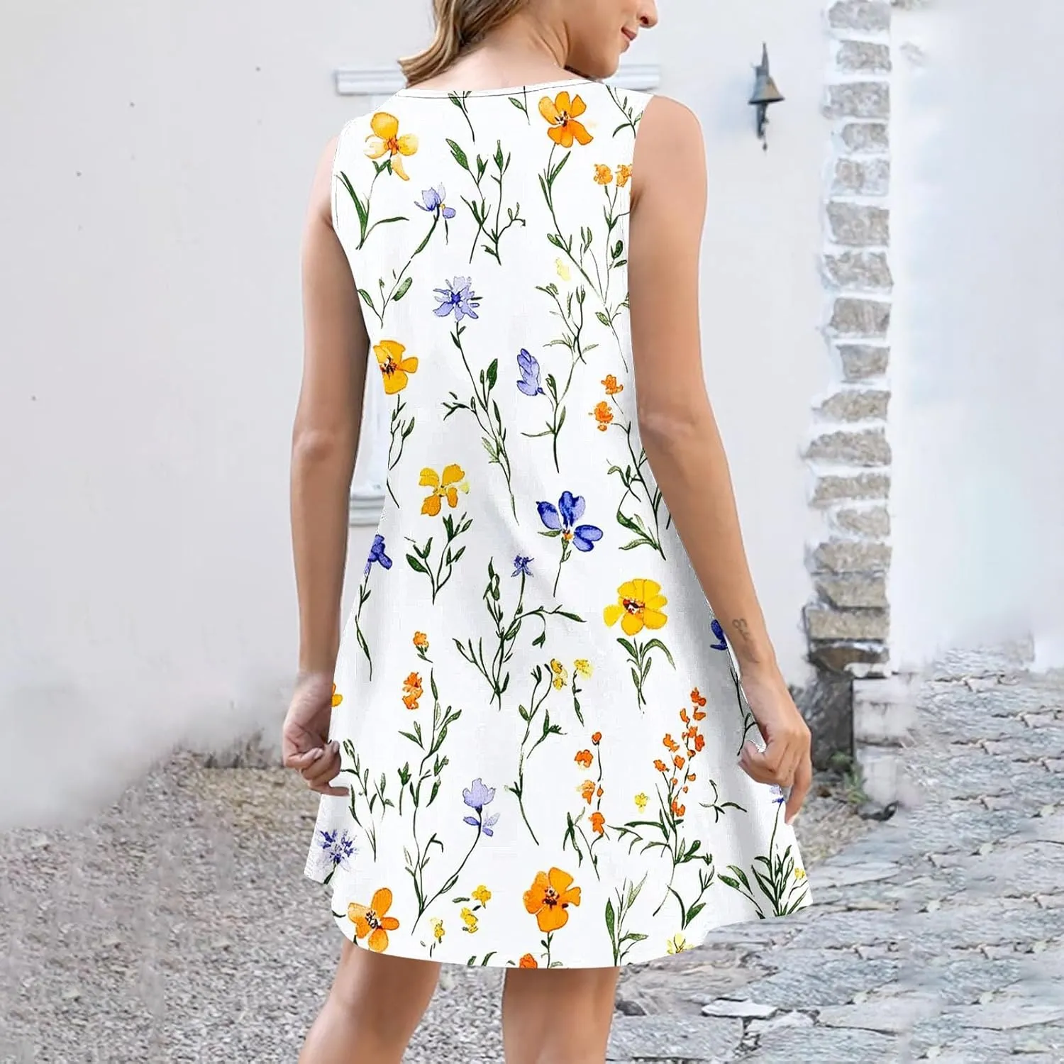 Womens Dresses Summer Sleeveless Floral Mini Dress Ruffle Hem V Neck Dress Holiday Party Dresses for Women