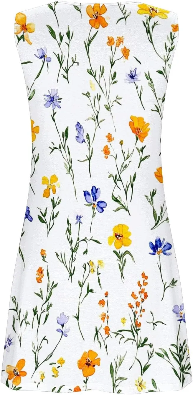 Womens Dresses Summer Sleeveless Floral Mini Dress Ruffle Hem V Neck Dress Holiday Party Dresses for Women