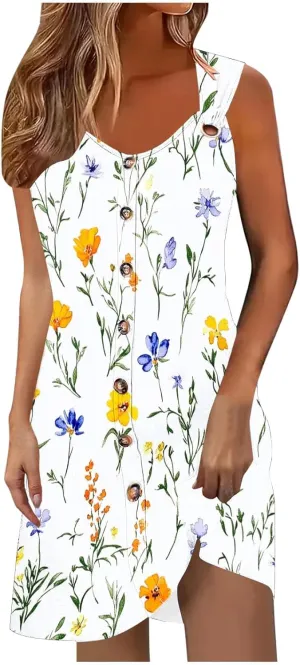 Womens Dresses Summer Sleeveless Floral Mini Dress Ruffle Hem V Neck Dress Holiday Party Dresses for Women