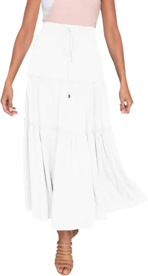Womens Elastic High Waist Boho Maxi Skirt Ruffle A Line Swing Long Skirts Knee Length Pleated Dresses Summer Holiday