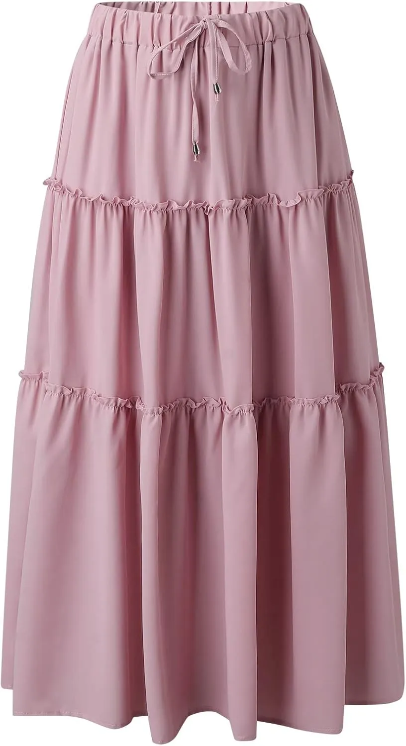 Womens Elastic High Waist Boho Maxi Skirt Ruffle A Line Swing Long Skirts Knee Length Pleated Dresses Summer Holiday