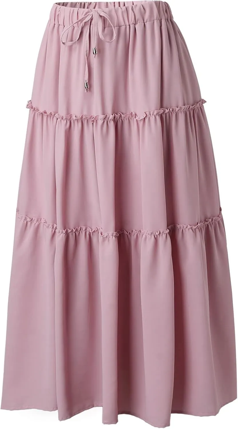 Womens Elastic High Waist Boho Maxi Skirt Ruffle A Line Swing Long Skirts Knee Length Pleated Dresses Summer Holiday