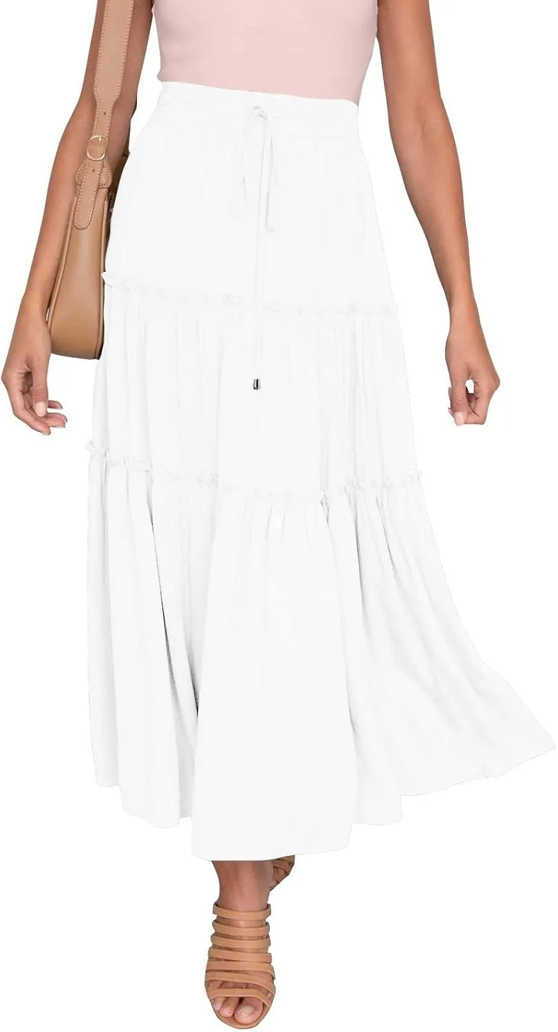 Womens Elastic High Waist Boho Maxi Skirt Ruffle A Line Swing Long Skirts Knee Length Pleated Dresses Summer Holiday