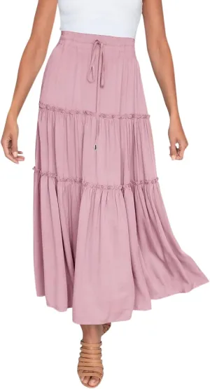 Womens Elastic High Waist Boho Maxi Skirt Ruffle A Line Swing Long Skirts Knee Length Pleated Dresses Summer Holiday
