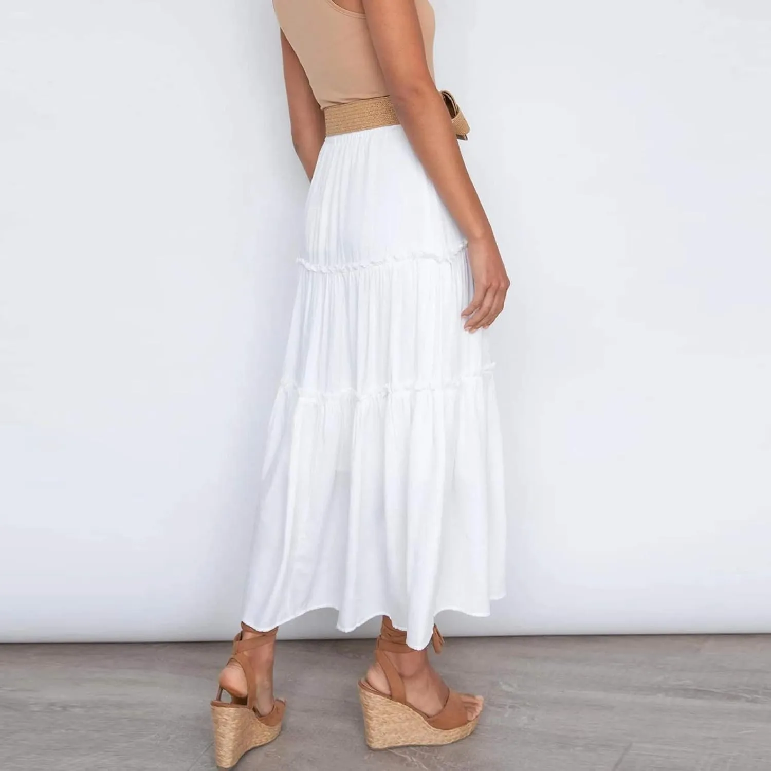 Womens Elastic High Waist Boho Maxi Skirt Ruffle A Line Swing Long Skirts Knee Length Pleated Dresses Summer Holiday