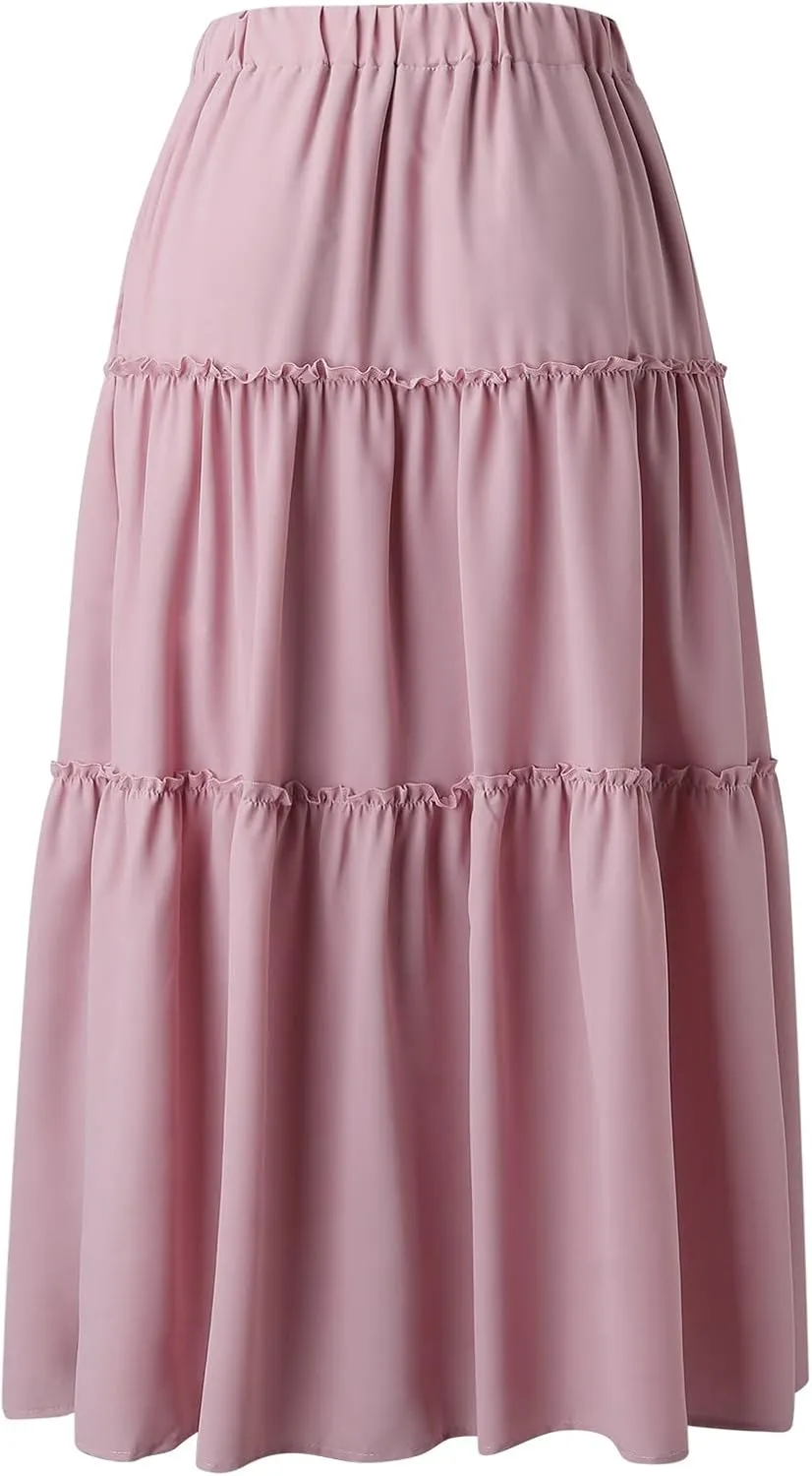 Womens Elastic High Waist Boho Maxi Skirt Ruffle A Line Swing Long Skirts Knee Length Pleated Dresses Summer Holiday