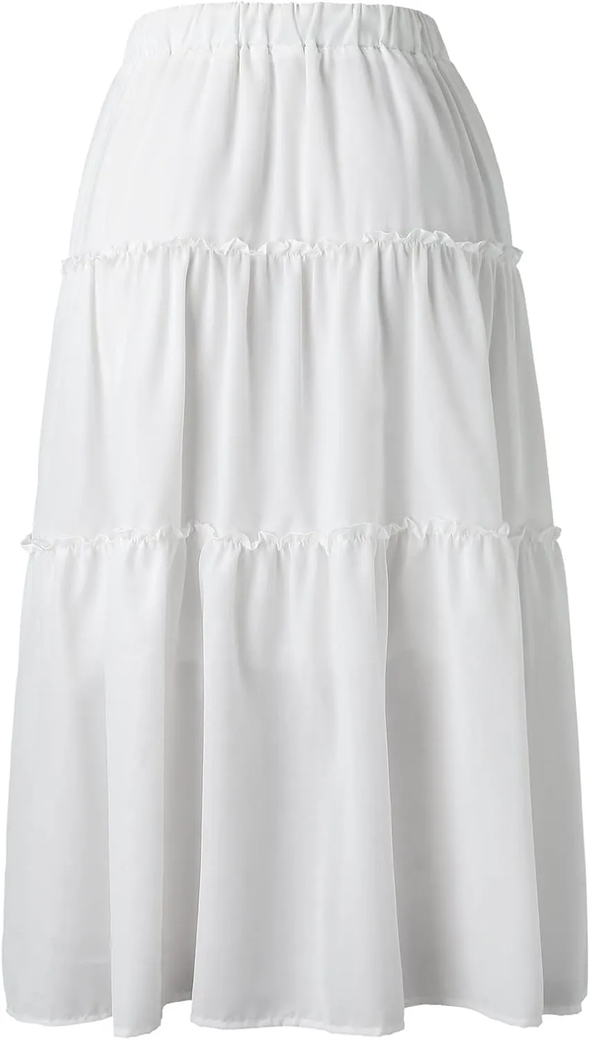 Womens Elastic High Waist Boho Maxi Skirt Ruffle A Line Swing Long Skirts Knee Length Pleated Dresses Summer Holiday