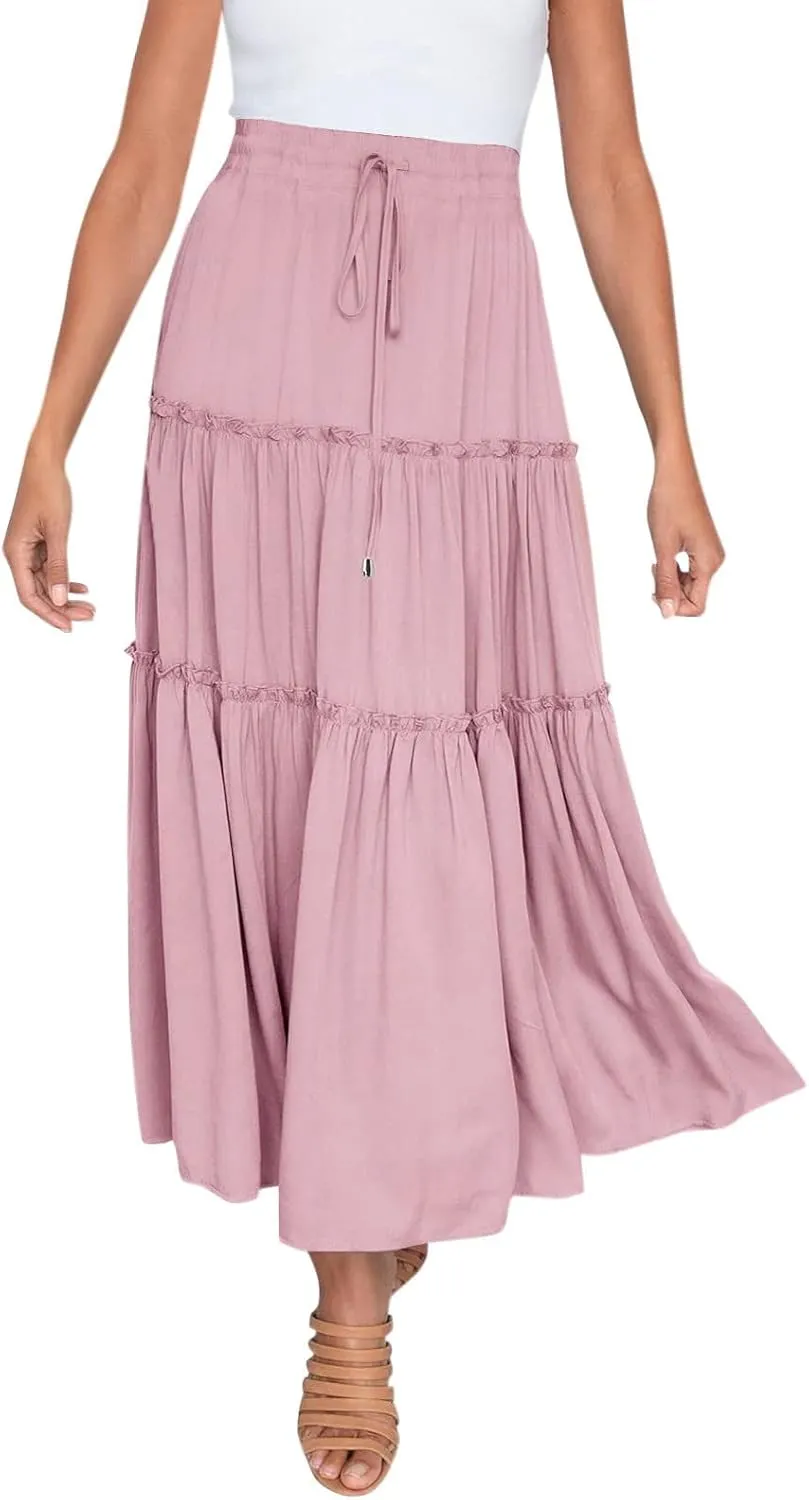 Womens Elastic High Waist Boho Maxi Skirt Ruffle A Line Swing Long Skirts Knee Length Pleated Dresses Summer Holiday