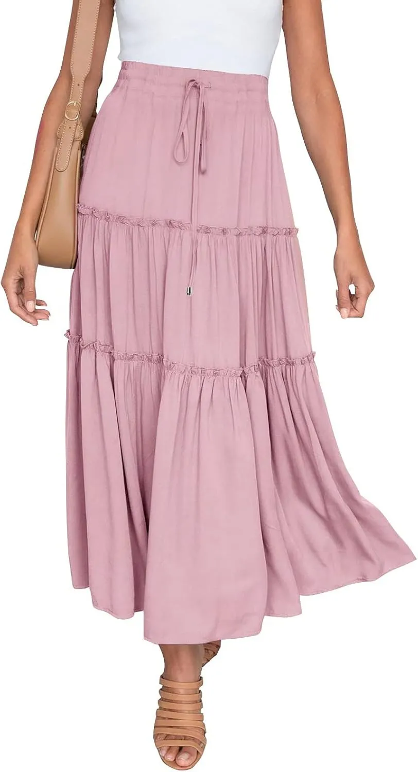 Womens Elastic High Waist Boho Maxi Skirt Ruffle A Line Swing Long Skirts Knee Length Pleated Dresses Summer Holiday