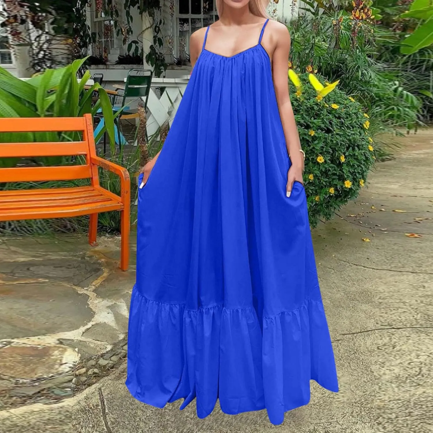 Womens Elegant Sleeveless Color Block Pleated Maxi Dress Low Cut Patchwork Swing Dress High Waist A Line Flowy Sling Dress