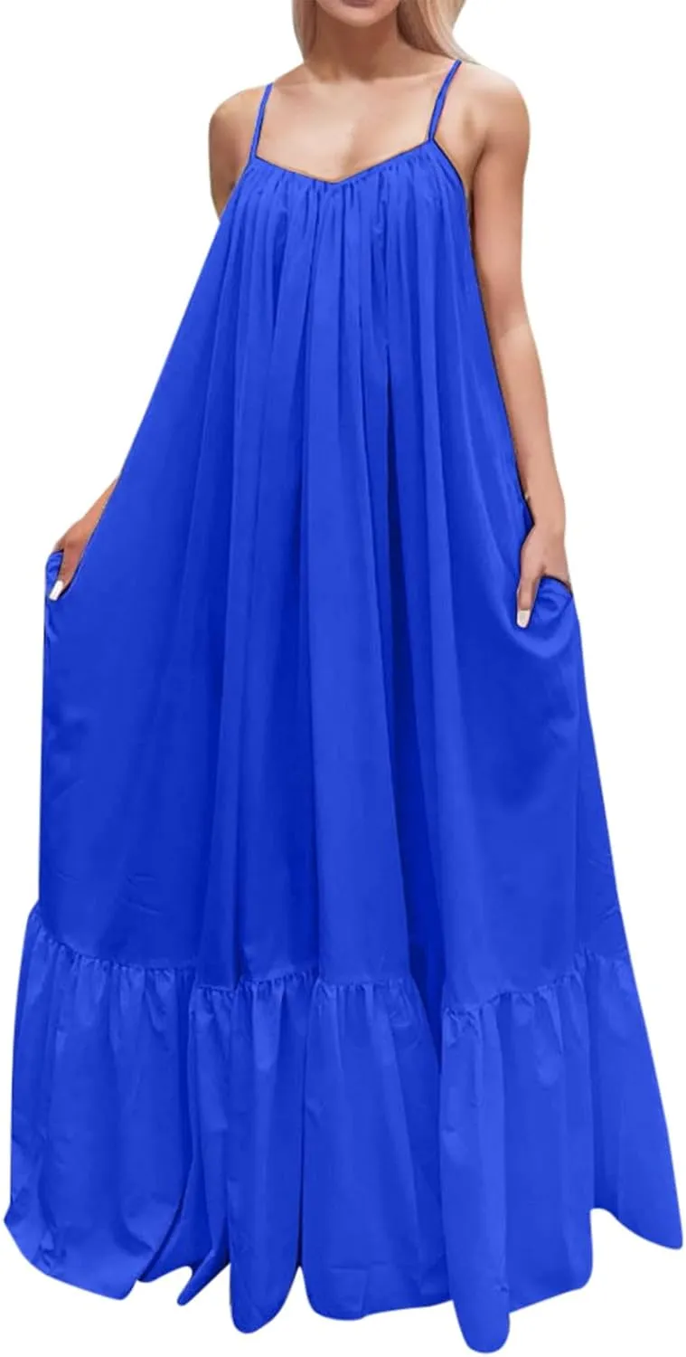 Womens Elegant Sleeveless Color Block Pleated Maxi Dress Low Cut Patchwork Swing Dress High Waist A Line Flowy Sling Dress