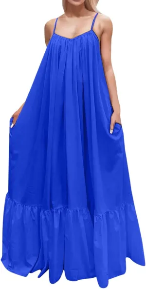 Womens Elegant Sleeveless Color Block Pleated Maxi Dress Low Cut Patchwork Swing Dress High Waist A Line Flowy Sling Dress