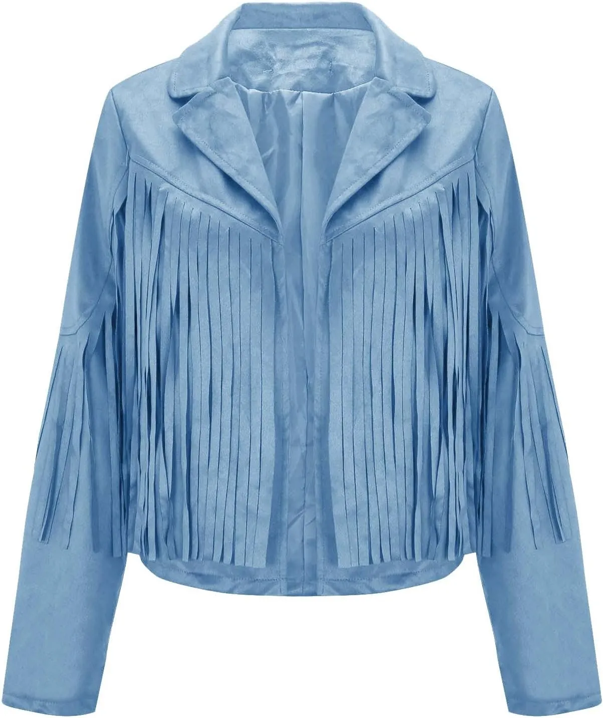 Women's Faux Suede Tassel Leather Jackets Long Sleeve Short Fringe Jacket Motorcycle Lapel Open Front Outerwear