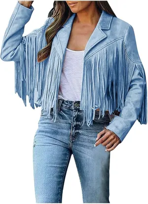 Women's Faux Suede Tassel Leather Jackets Long Sleeve Short Fringe Jacket Motorcycle Lapel Open Front Outerwear