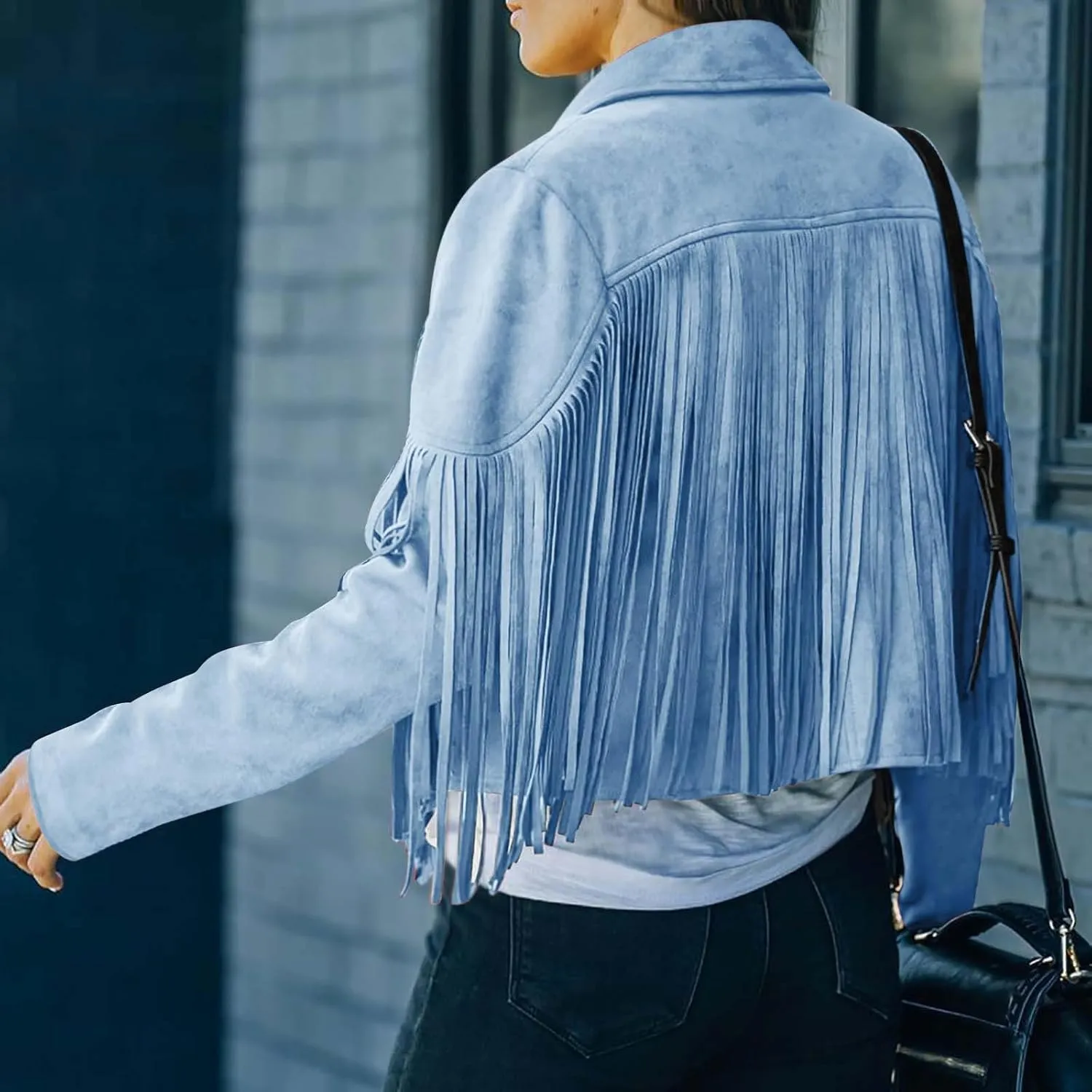 Women's Faux Suede Tassel Leather Jackets Long Sleeve Short Fringe Jacket Motorcycle Lapel Open Front Outerwear