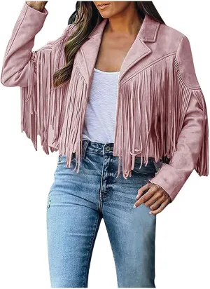 Women's Faux Suede Tassel Leather Jackets Long Sleeve Short Fringe Jacket Motorcycle Lapel Open Front Outerwear