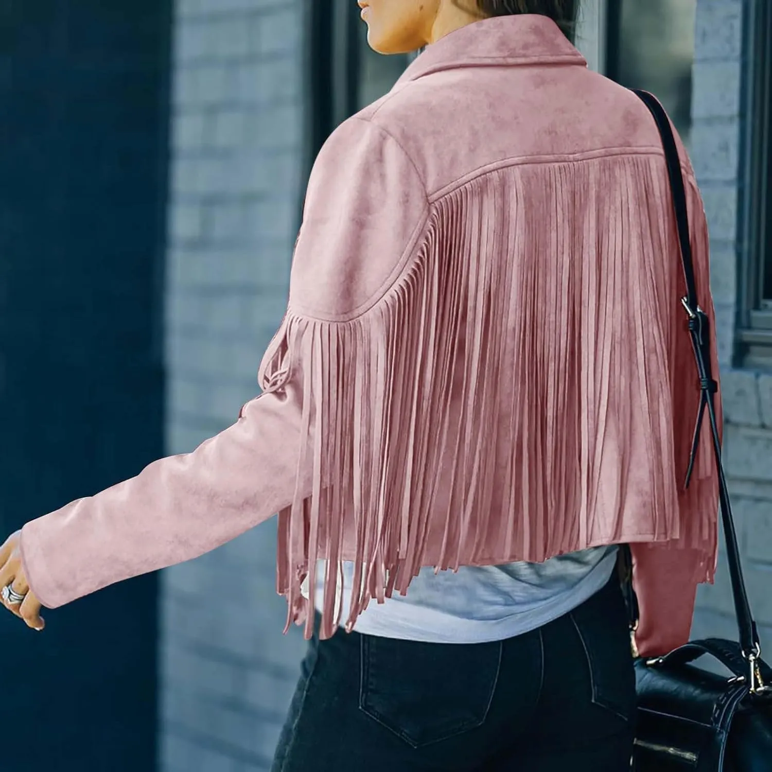Women's Faux Suede Tassel Leather Jackets Long Sleeve Short Fringe Jacket Motorcycle Lapel Open Front Outerwear