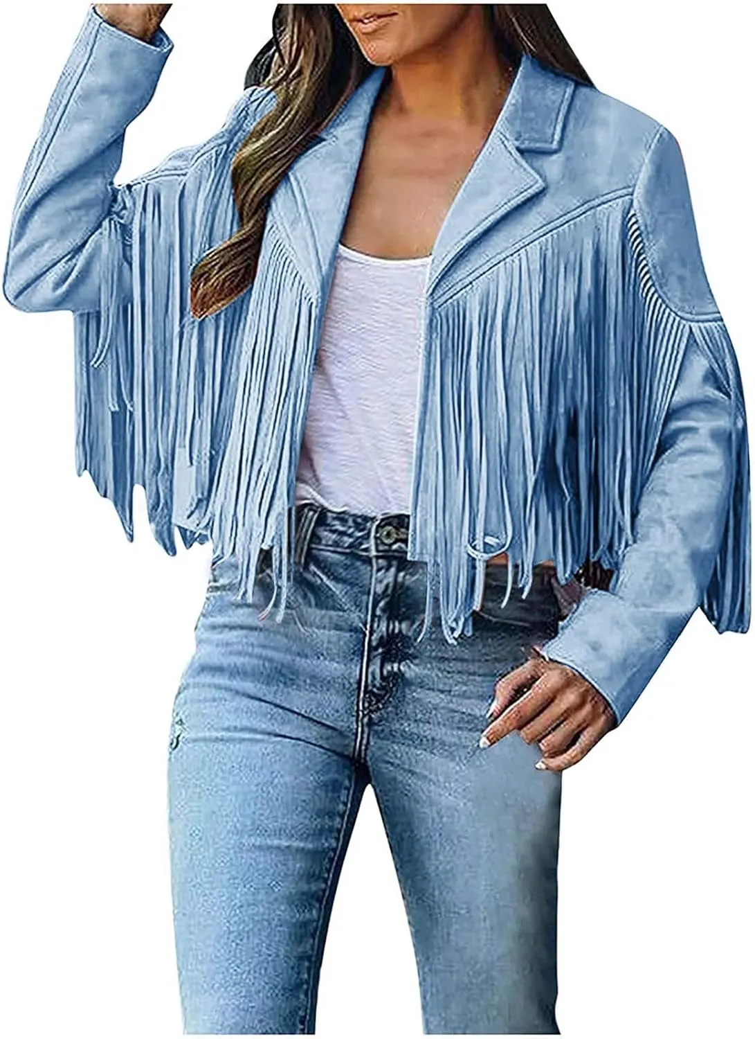 Women's Faux Suede Tassel Leather Jackets Long Sleeve Short Fringe Jacket Motorcycle Lapel Open Front Outerwear