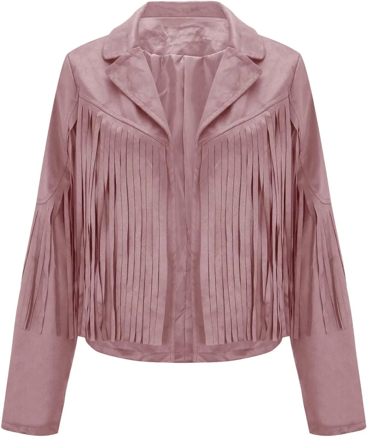 Women's Faux Suede Tassel Leather Jackets Long Sleeve Short Fringe Jacket Motorcycle Lapel Open Front Outerwear