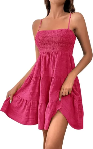 Women's Floral Dress Sleeveless Spaghetti Strap Square Neck Solid Color Ruffle Summer Boho A Line Dress, S-2XL