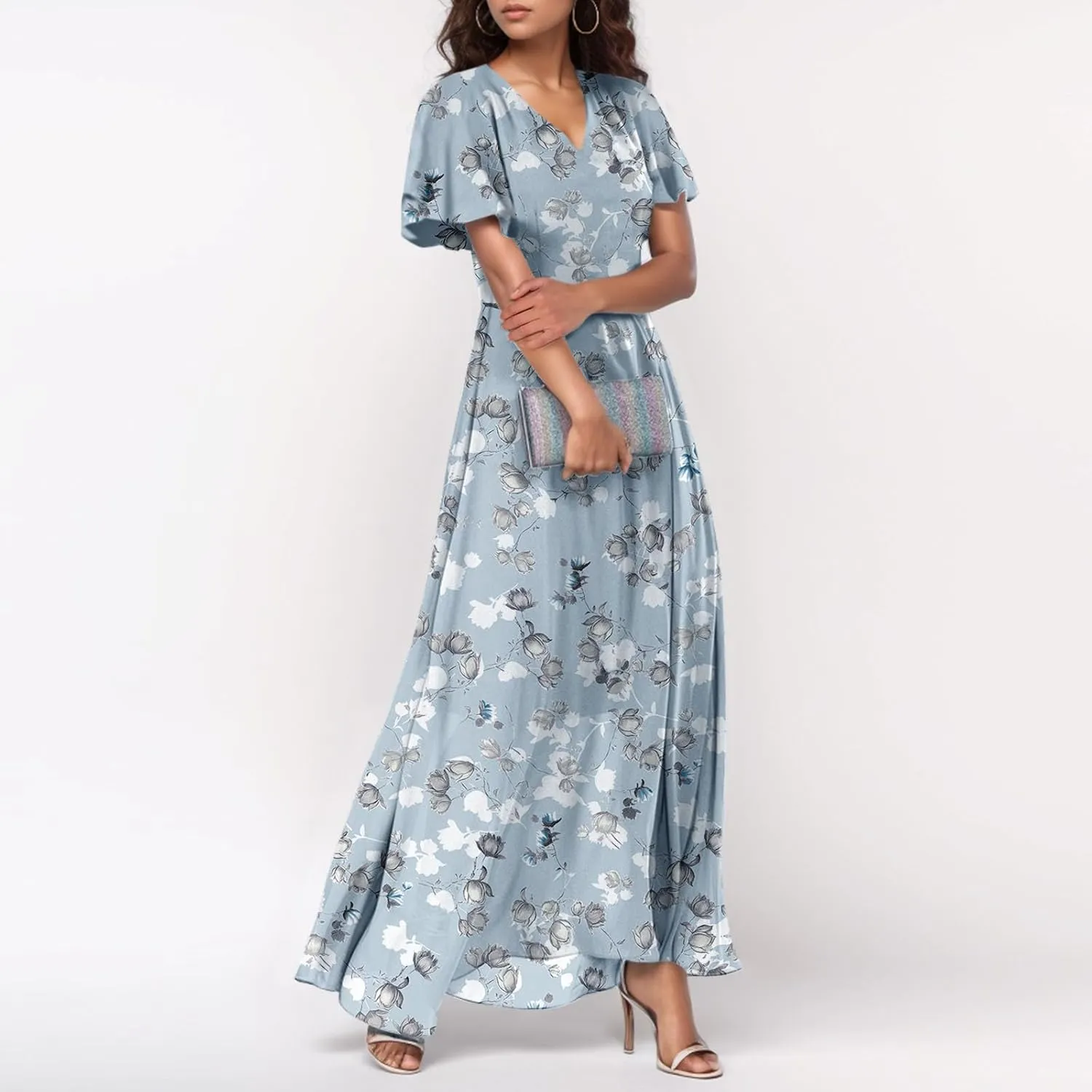 Womens Floral Maxi Dress V Neck Flutter Sleeve Chiffon Long Flowy Dresses Casual Summer Boho Beach Vacation Dresses