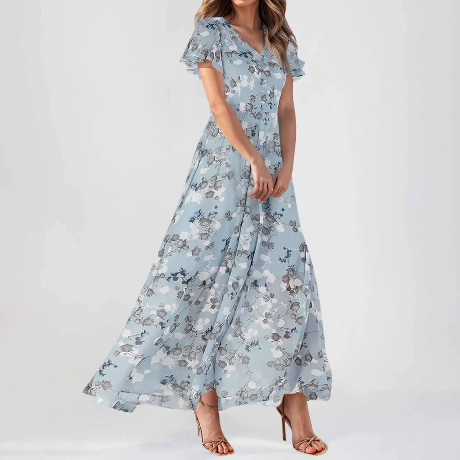 Womens Floral Maxi Dress V Neck Flutter Sleeve Chiffon Long Flowy Dresses Casual Summer Boho Beach Vacation Dresses