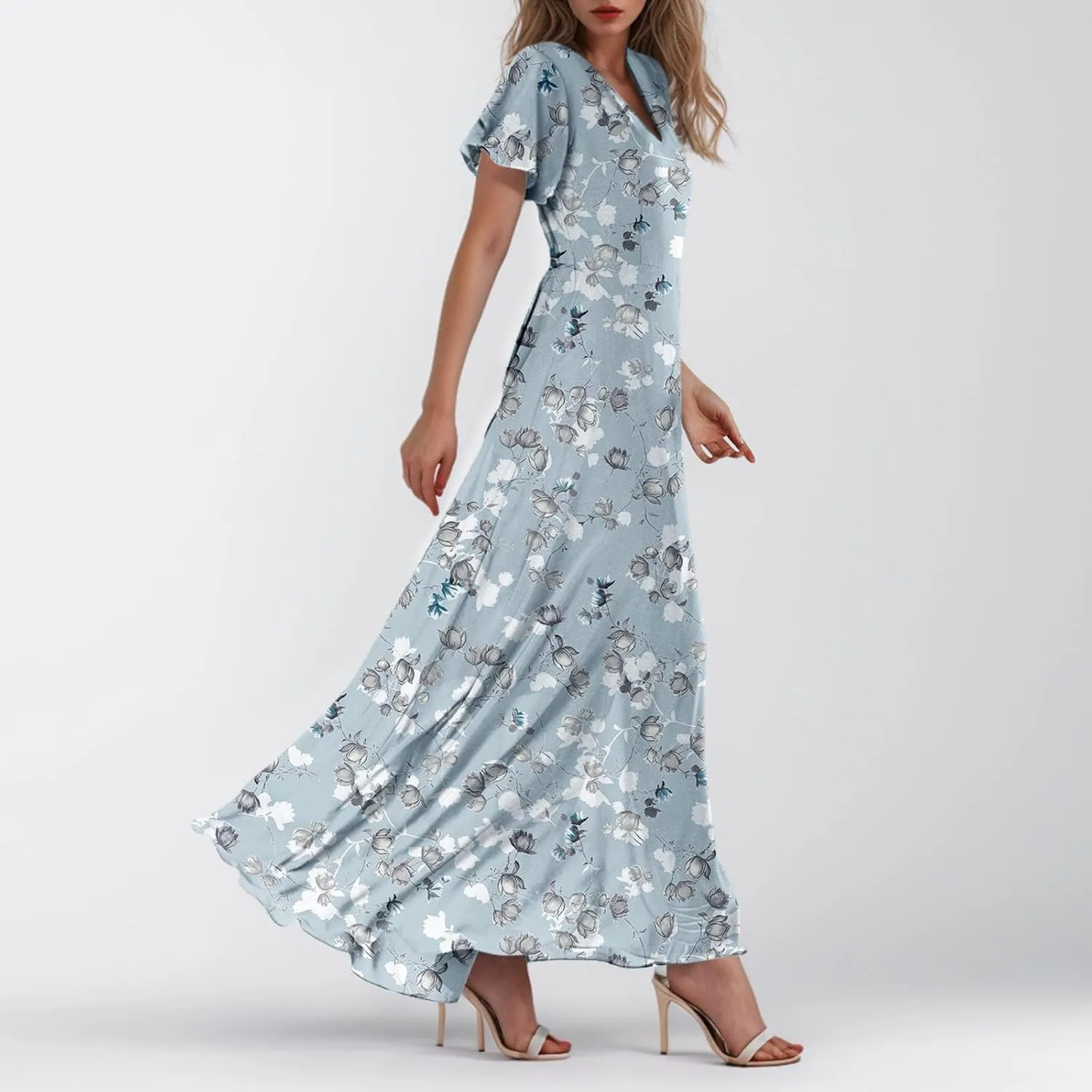 Womens Floral Maxi Dress V Neck Flutter Sleeve Chiffon Long Flowy Dresses Casual Summer Boho Beach Vacation Dresses